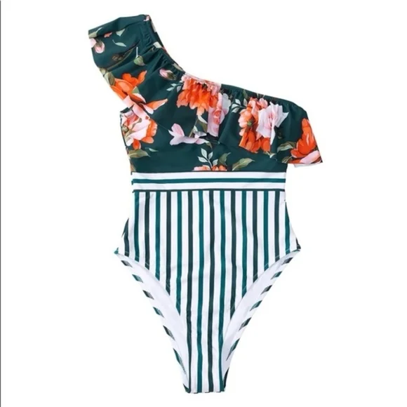 Cupshe Ellis Riviera Floral & Stripes Ruffled Asymmetrical Swimsuit - Picture 8 of 9